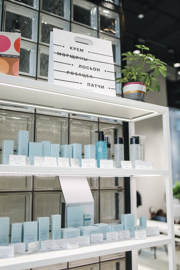 about-us-01 Elegant display of various skincare products in a contemporary store setting.